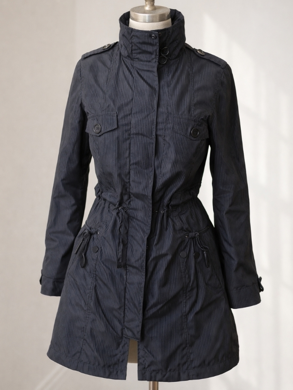 XHILARATION Black Longline Trench Coat Gray Pinstripes Funnel Neck Utility Jacke